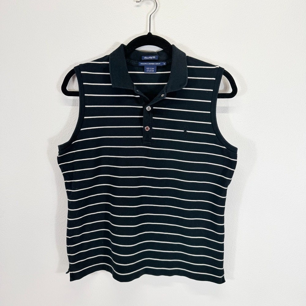 Ralph Lauren Golf Womens Large Collared Sleeveless Polo Black White Stripe Shirt